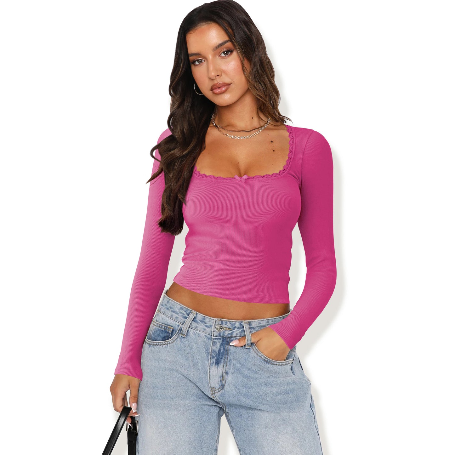 New Long Sleeve t T-shirt Women's Clothing wish Cross-border Trendy Brand Slim Fit Lace Patchwork Hot Girl Top U Collared Base Shirt