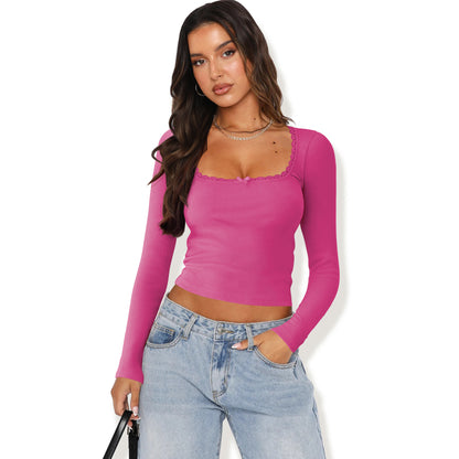 New Long Sleeve t T-shirt Women's Clothing wish Cross-border Trendy Brand Slim Fit Lace Patchwork Hot Girl Top U Collared Base Shirt