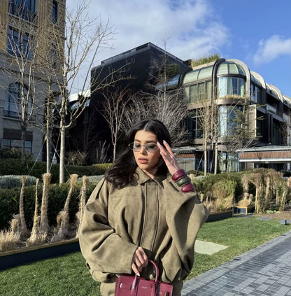 2025Spring and Autumn European and American Style Bomber Jacket with Batwing Sleeves, Zipper, Loose Fit, Suede Texture, Women's Casual Coat B6