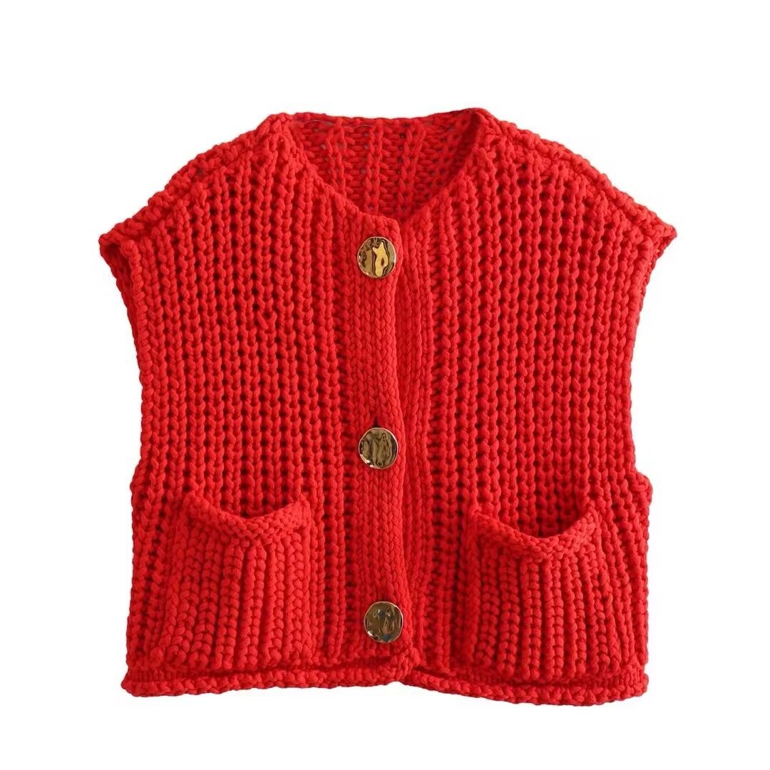 11Color Amazon2024Spring and Autumn New Women's Fashion European and American Style Pocket Sleeveless Short Knitted Cardigan Vest