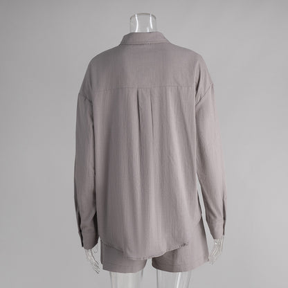 Cross-border pure cotton cardigan long sleeve shorts set2025Spring and summer outerwear simple solid color European and American style casual suit for women