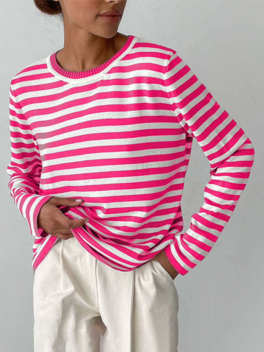 Cross-border Round Neck Knitted Striped Sweater European and American Style2025Spring Versatile Classic Retro Striped Pullover Sweater for Women