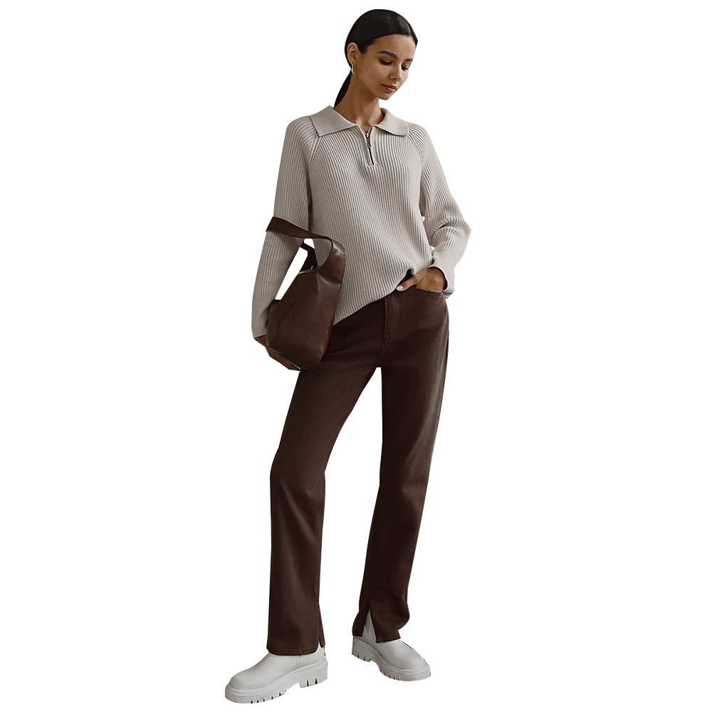 Cross-Border European and American Style2025Autumn and Winter New Trend Versatile Simple Casual Polo Turn-Down Collar Pullover Knitted Sweater