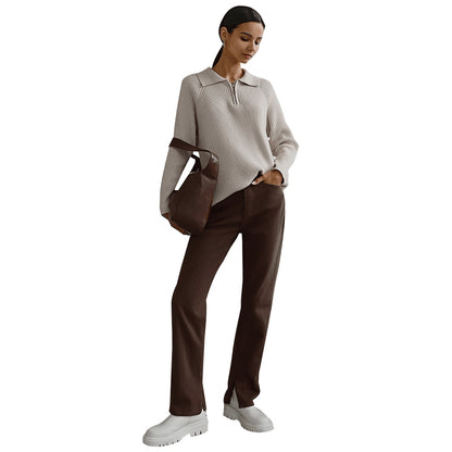 Cross-Border European and American Style2025Autumn and Winter New Trend Versatile Simple Casual Polo Turn-Down Collar Pullover Knitted Sweater