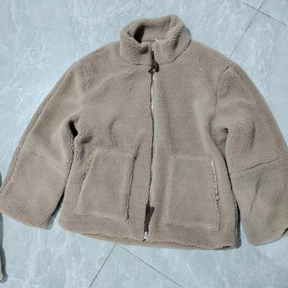 Cross-Border2024European and American Style Autumn Winter New Women's Solid Color Lazy Style Lamb Wool High Neck Woolen Coat A65002