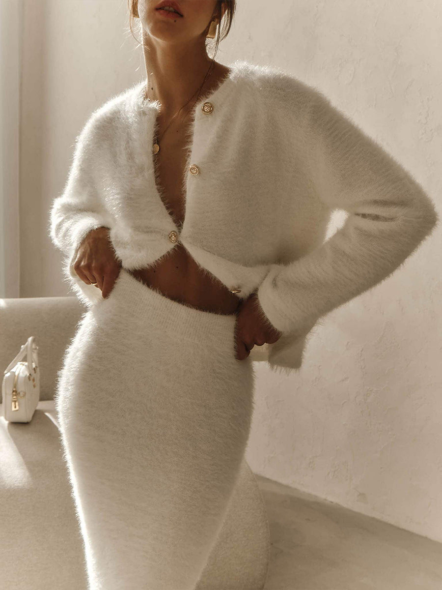 Cross-border Plush Long Sleeve Half-length Dress Set European and American Style2025Autumn and Winter New Single-Breasted Cardigan and Skirt Set