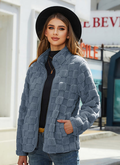 Shiny Velvet2023Autumn and Winter New Cross-Border European and American Women's Long Sleeve Cardigan Zipper Loose Solid Color Plaid Fuzzy Coat