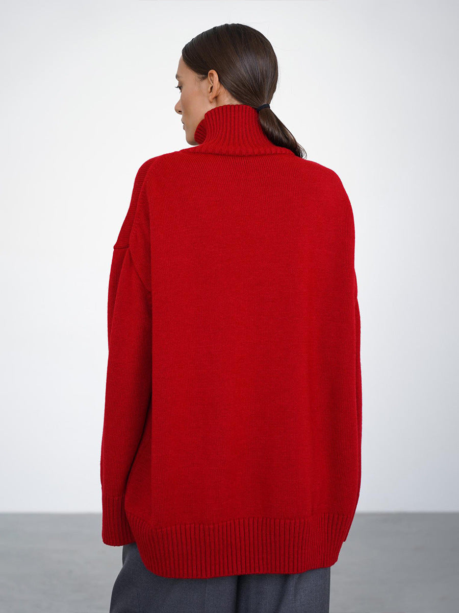 Cross-Border2025Hot-Selling European and American Style Autumn Winter Solid Color High Neck Knitted Sweater Loose Slimming Versatile Knitted Sweater for Women