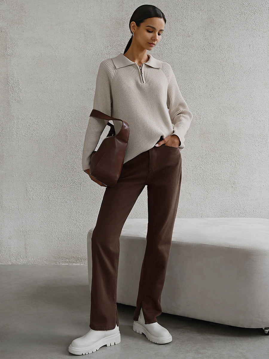 Cross-Border European and American Style2025Autumn and Winter New Trend Versatile Simple Casual Polo Turn-Down Collar Pullover Knitted Sweater