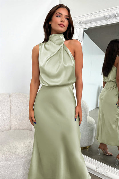 2025Spring and Summer Hot Sale New High-end Satin Sleeveless Dress European and American Fashion Elegant Socialite Light Evening Dress