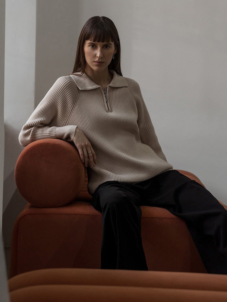 Cross-Border European and American Style2025Autumn and Winter New Trend Versatile Simple Casual Polo Turn-Down Collar Pullover Knitted Sweater