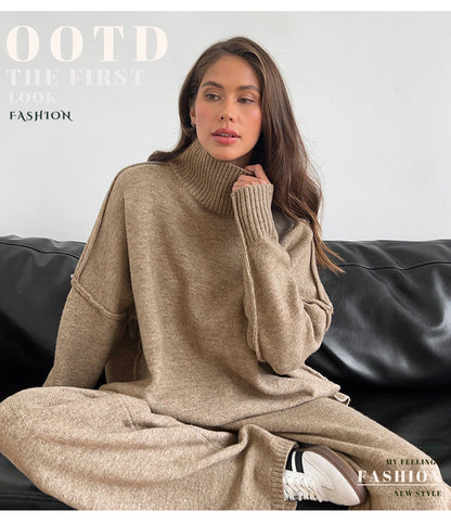 Cross-Border Turtleneck Sweater Set for Women, European and American Style, Autumn and Winter New Loose Casual Thick Knitted Long Pants Set