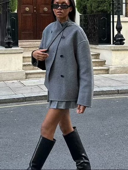 Wholesale Amazon Women's Clothing Autumn Winter New Fashionable Loose Fit V Double-breasted Woolen Coat C91695