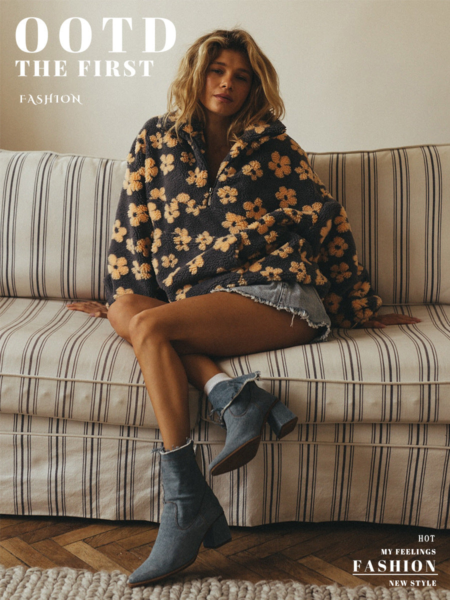 Cross-border fleece floral sweatshirt Europe and America2025Autumn and Winter New Fashion Sweatshirt Warm Fuzzy Sweatshirt Fleece Top for Women