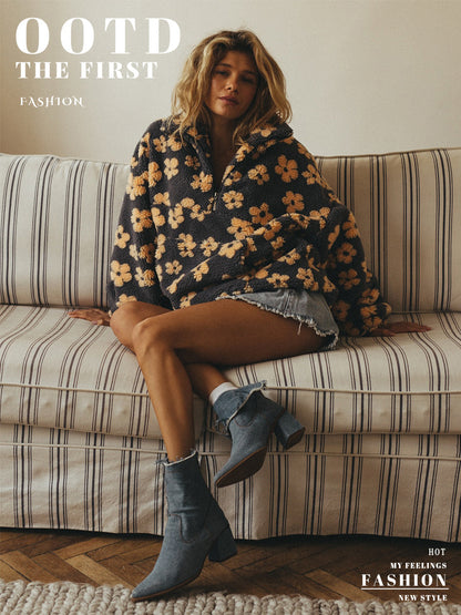 Cross-border fleece floral sweatshirt Europe and America2025Autumn and Winter New Fashion Sweatshirt Warm Fuzzy Sweatshirt Fleece Top for Women