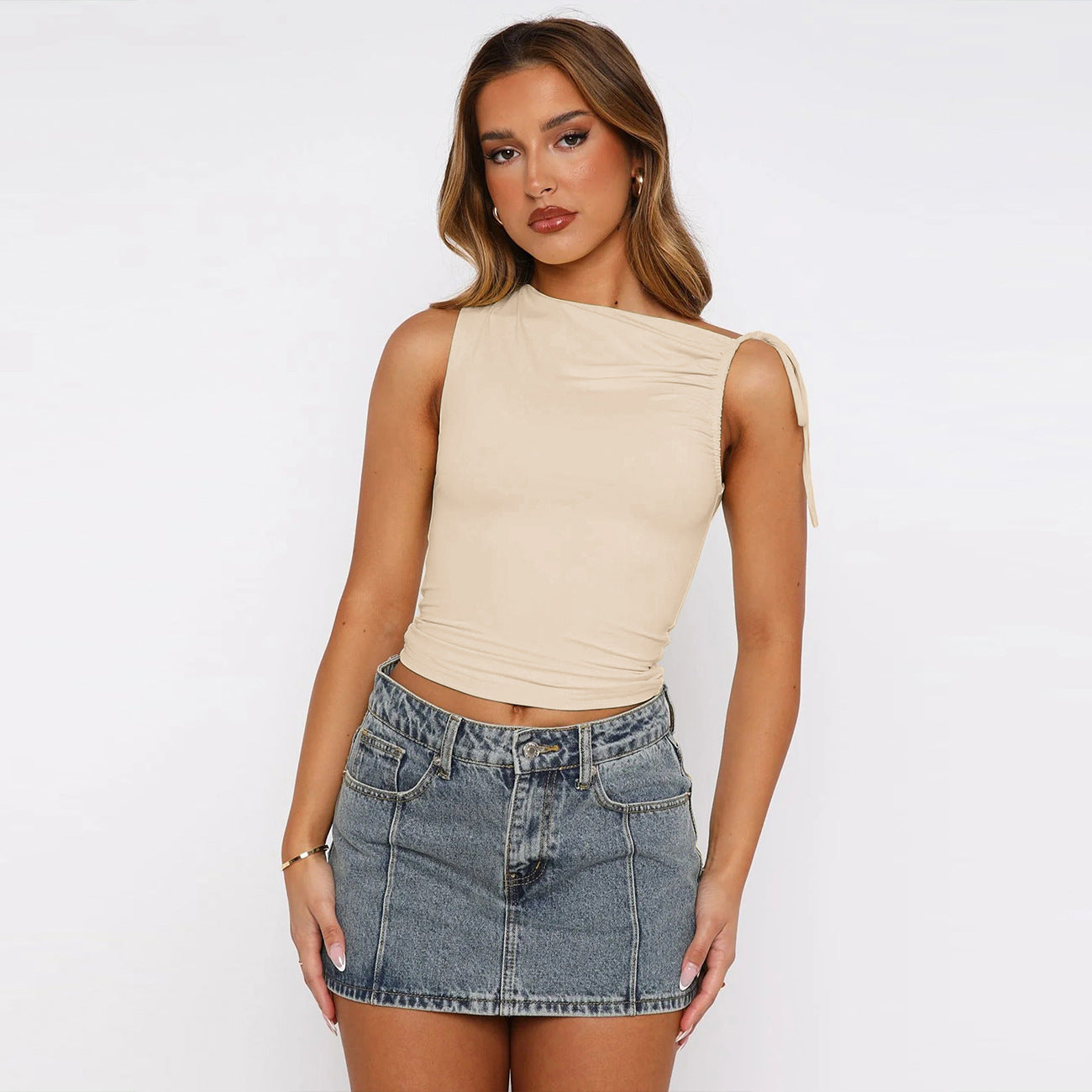 European and american women's clothing2025Spring Summer New Fashion Personality Irregular Strap Drawstring Tie Pleated Crop Top for Women