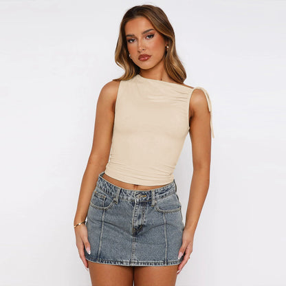 European and american women's clothing2025Spring Summer New Fashion Personality Irregular Strap Drawstring Tie Pleated Crop Top for Women