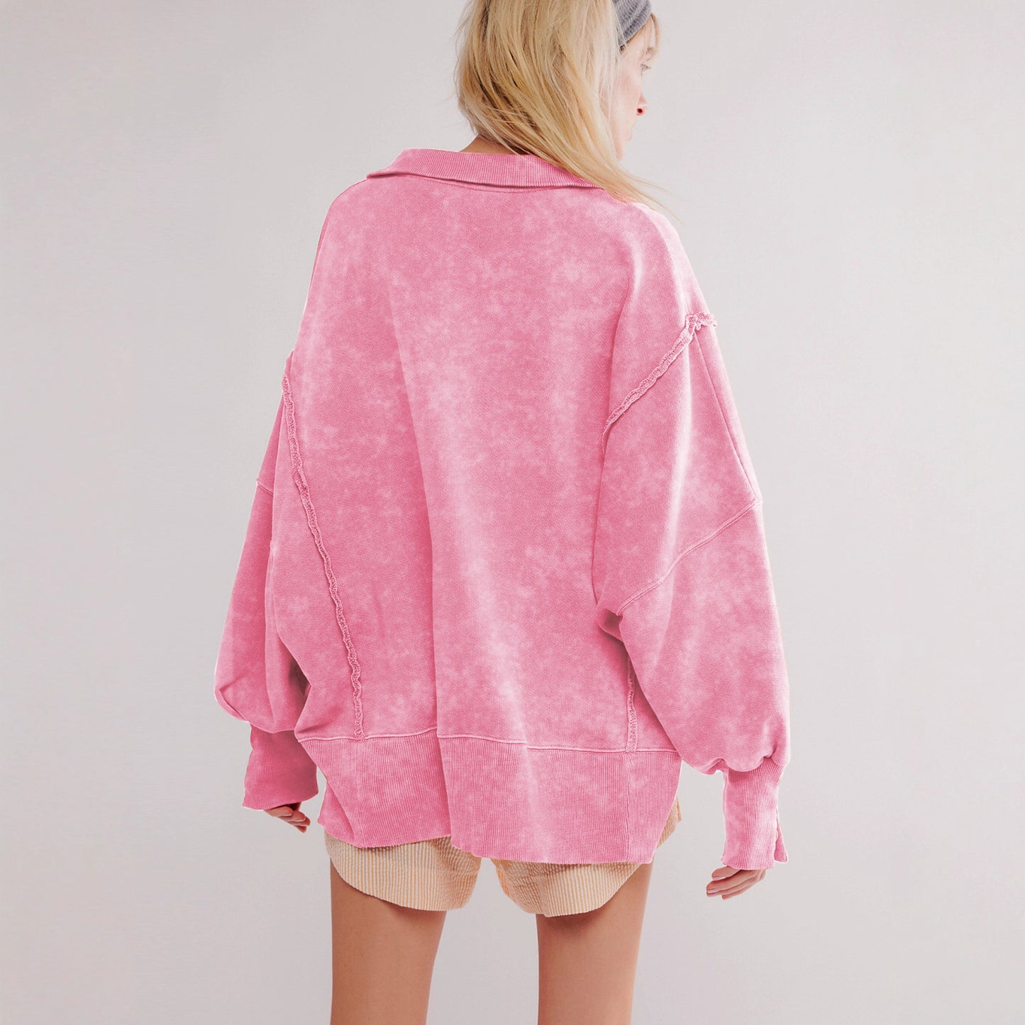 Sultyra Decorative Line Design Sense Top with Slit Lantern Sleeves polo