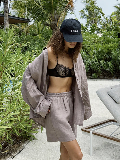 Cross-border pure cotton cardigan long sleeve shorts set2025Spring and summer outerwear simple solid color European and American style casual suit for women