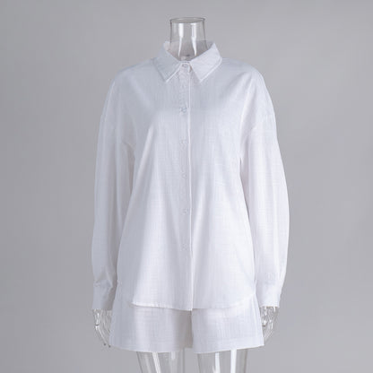 Cross-border pure cotton cardigan long sleeve shorts set2025Spring and summer outerwear simple solid color European and American style casual suit for women