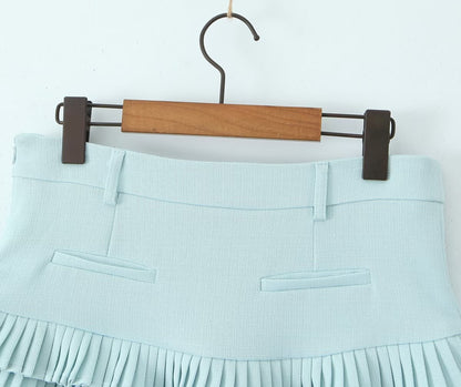 Cross-border European and American Fashion Striped Short Sleeve T Shirt Top+Low Waist Pleated Short Skirt2025Spring New D79551