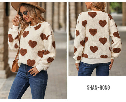 Shiny Velvet2023Cross-border Women's Fashion European and American Style Autumn Winter New Plush Heart Print Loose Long Sleeve Round Neck Pullover Sweatshirt