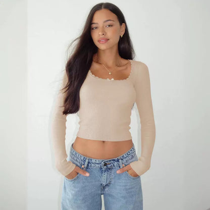 New Long Sleeve t T-shirt Women's Clothing wish Cross-border Trendy Brand Slim Fit Lace Patchwork Hot Girl Top U Collared Base Shirt