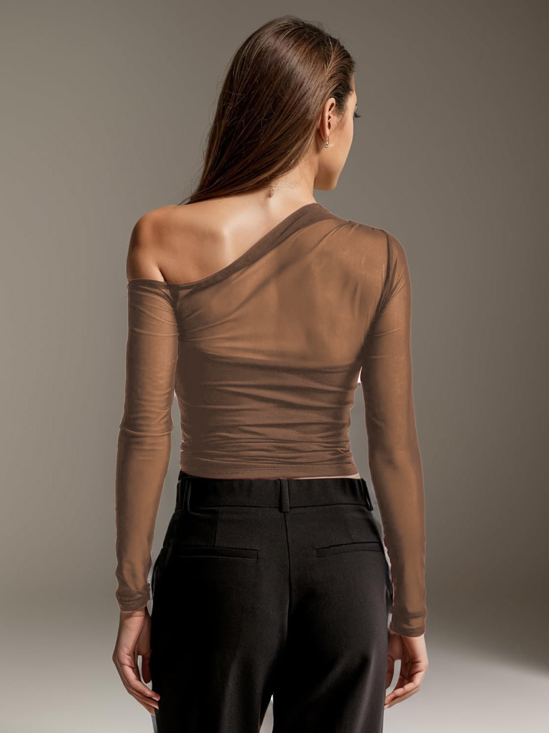 European and American Autumn New Foreign Trade Mesh Patchwork Sheer Asymmetrical Long Sleeve T T-shirt Pure Desire Sexy Unique Regular Shoulder Top