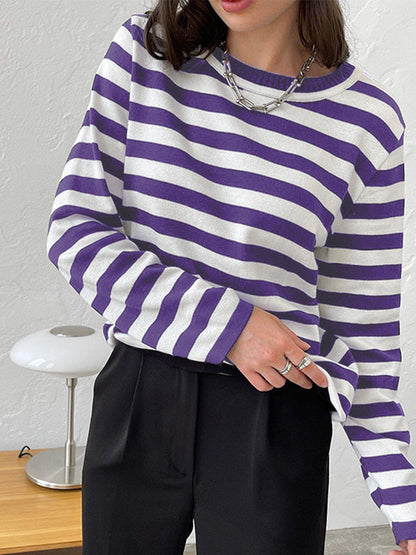 Cross-border Round Neck Knitted Striped Sweater European and American Style2025Spring Versatile Classic Retro Striped Pullover Sweater for Women