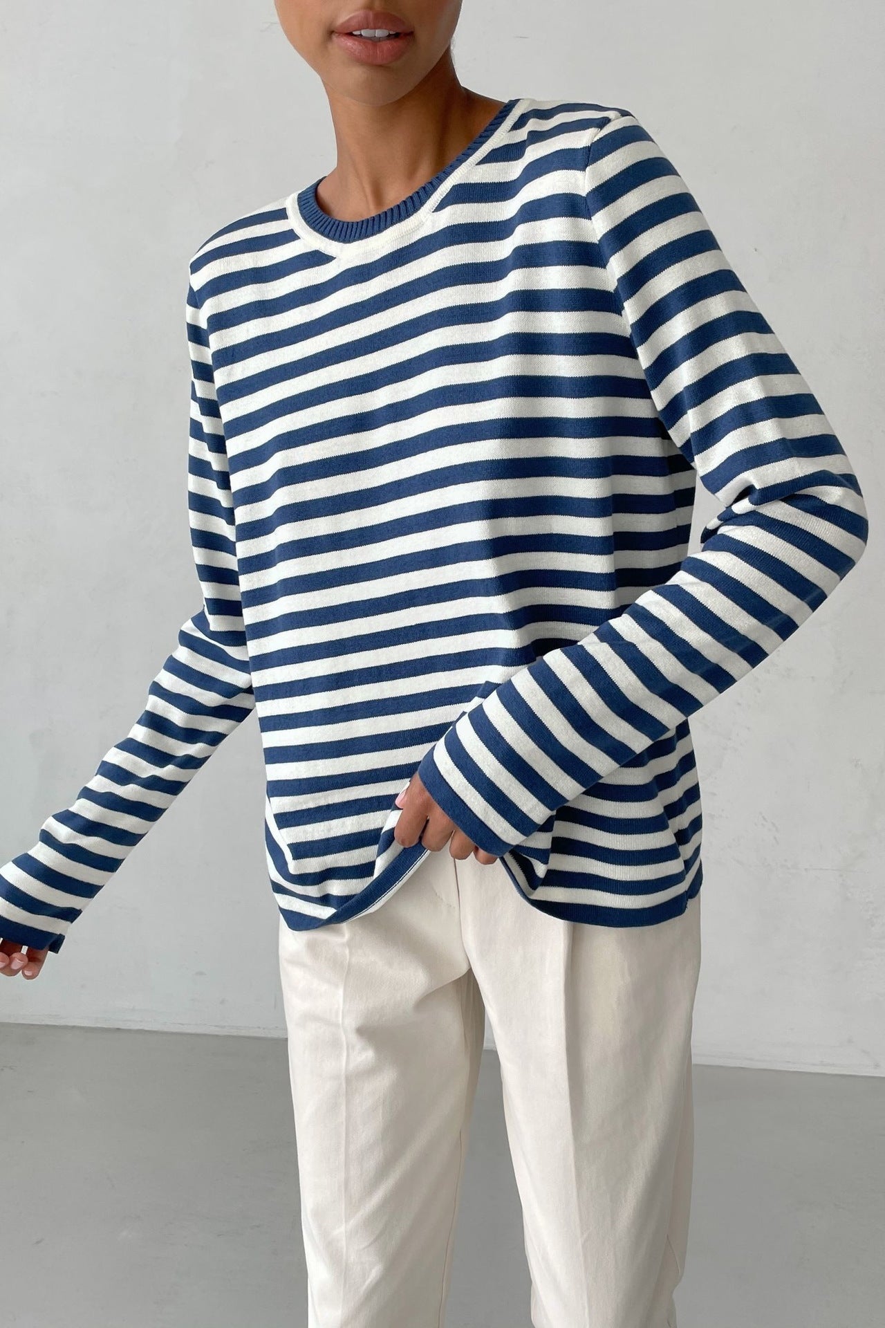 Cross-border Round Neck Knitted Striped Sweater European and American Style2025Spring Versatile Classic Retro Striped Pullover Sweater for Women