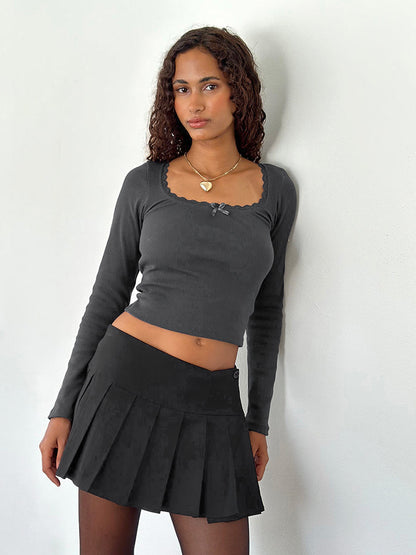 New Long Sleeve t T-shirt Women's Clothing wish Cross-border Trendy Brand Slim Fit Lace Patchwork Hot Girl Top U Collared Base Shirt