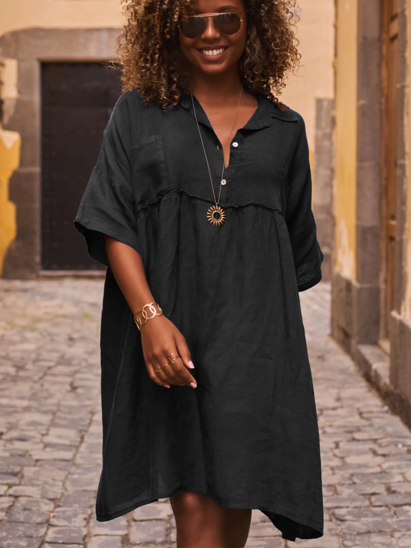 Sultyra Casual Button Artistic Style Fashion Dress