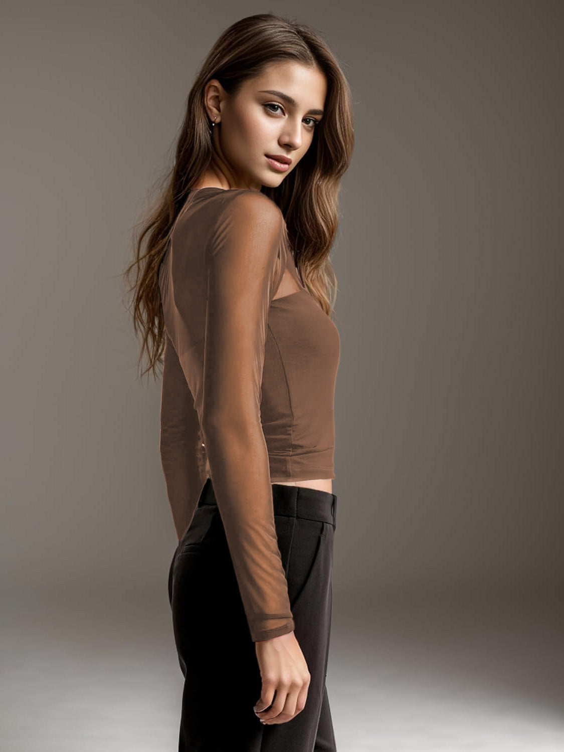 European and American Autumn New Foreign Trade Mesh Patchwork Sheer Asymmetrical Long Sleeve T T-shirt Pure Desire Sexy Unique Regular Shoulder Top