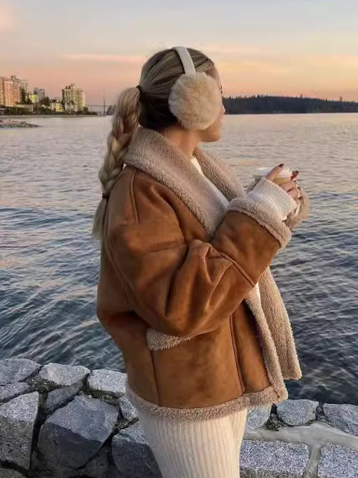 Cross-Border2024Autumn Winter Women's American Retro Woolen Coat with Turn-down Collar Loose Fur Coat for Women B88747