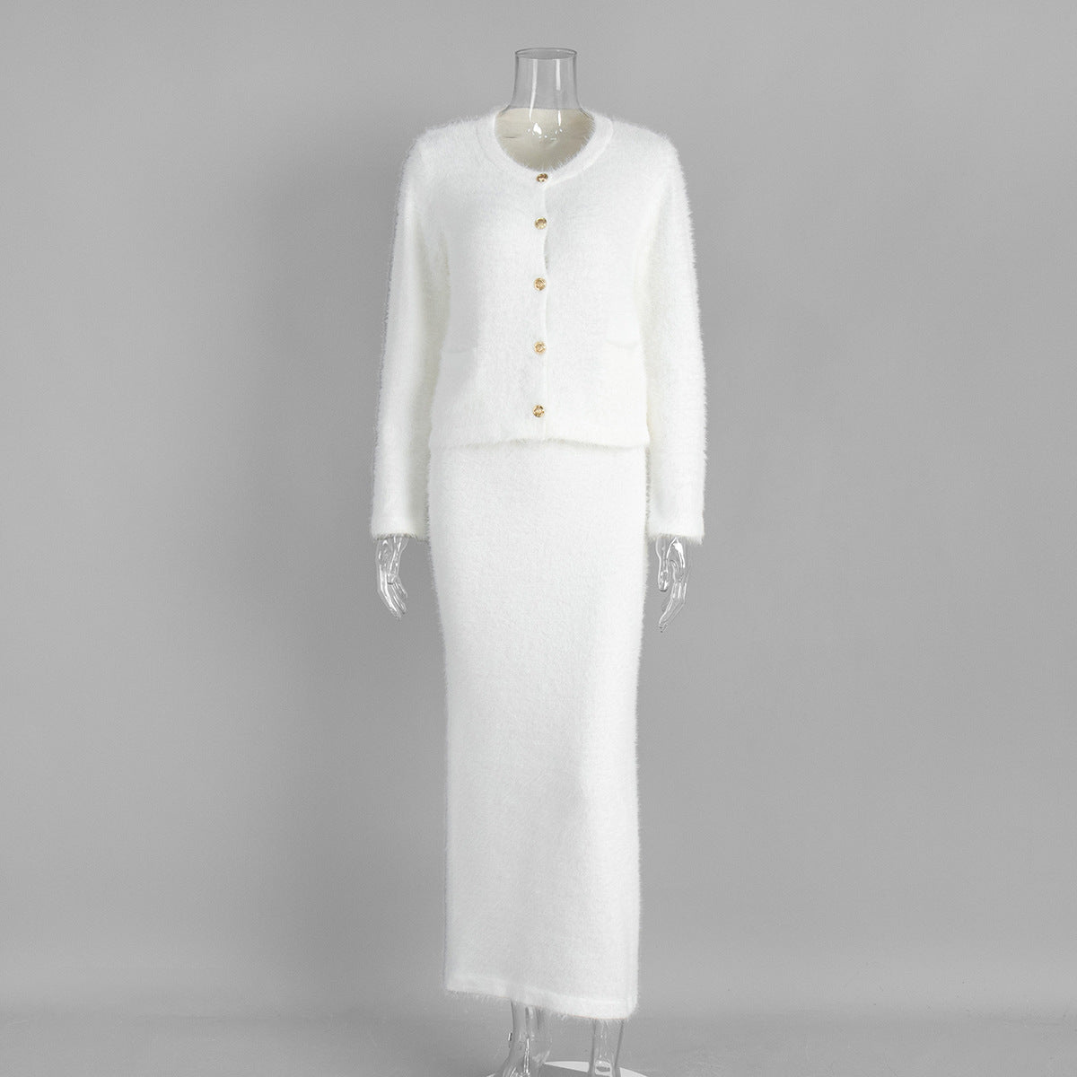 Cross-border Plush Long Sleeve Half-length Dress Set European and American Style2025Autumn and Winter New Single-Breasted Cardigan and Skirt Set