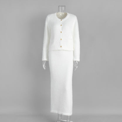 Cross-border Plush Long Sleeve Half-length Dress Set European and American Style2025Autumn and Winter New Single-Breasted Cardigan and Skirt Set