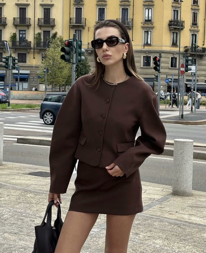 Women's Clothing2025Autumn Balloon Fit Round Neck Short Jacket+Mini Skirt Two Piece Suit B4