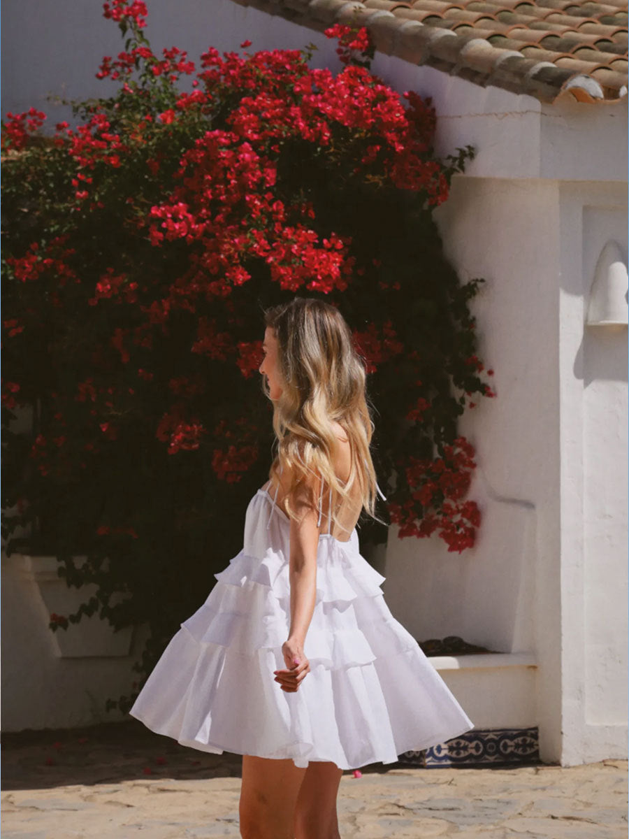 Cross-border spaghetti strap dress European and American style2025Summer Multi-layer Ruffle Cake Dress Short Backless Strap Dress