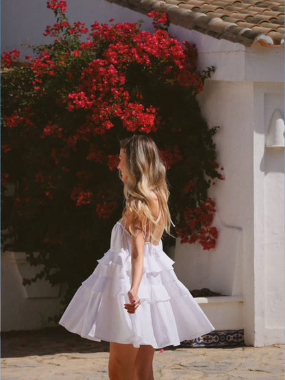 Cross-border spaghetti strap dress European and American style2025Summer Multi-layer Ruffle Cake Dress Short Backless Strap Dress
