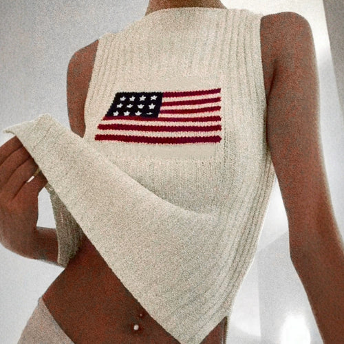 Foreign Trade Cross-Border European and American Amazon Source Manufacturer Sweater Women's Knitted Top American Independence Day Flag Vest Summer