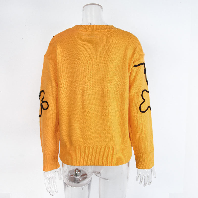 Cross-Border European and American Autumn Winter New Women's Sweater Fashion Flower Three-Dimensional Embroidery Round Neck Pullover Long Sleeve Knitted Sweater for Women