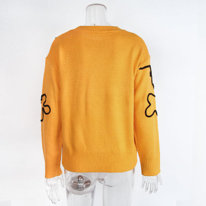 Cross-Border European and American Autumn Winter New Women's Sweater Fashion Flower Three-Dimensional Embroidery Round Neck Pullover Long Sleeve Knitted Sweater for Women