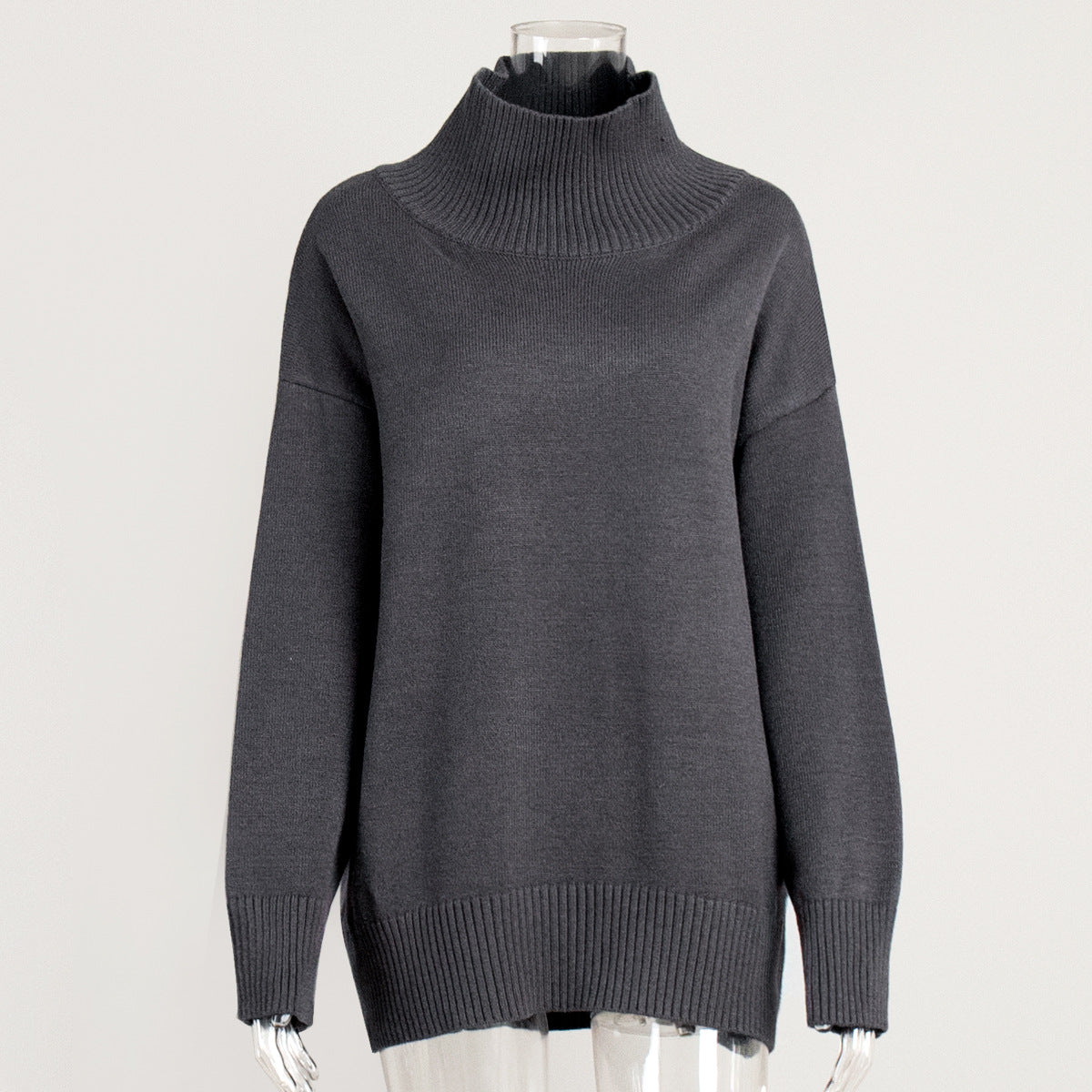 Cross-Border2025Hot-Selling European and American Style Autumn Winter Solid Color High Neck Knitted Sweater Loose Slimming Versatile Knitted Sweater for Women