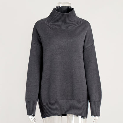 Cross-Border2025Hot-Selling European and American Style Autumn Winter Solid Color High Neck Knitted Sweater Loose Slimming Versatile Knitted Sweater for Women