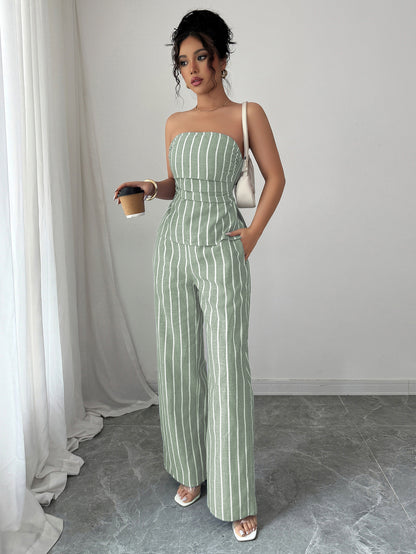 Cross-border Fashion Elegant Strapless Striped Long Pants Two-piece Set Women's Clothing2025Spring and Summer Amazon Non-Iron Comfortable