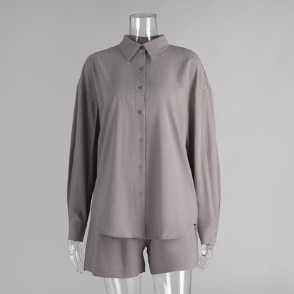 Cross-border pure cotton cardigan long sleeve shorts set2025Spring and summer outerwear simple solid color European and American style casual suit for women