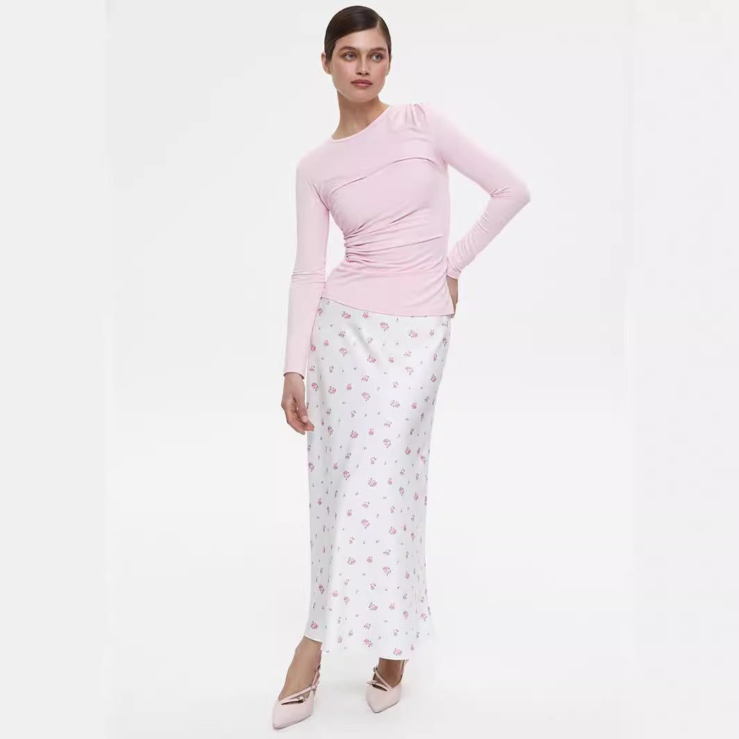 Cross-border Printed Midi Skirt European and American Style2025Spring and Summer New Elegant Floral Satin Printed Draped High-Waisted Skirt