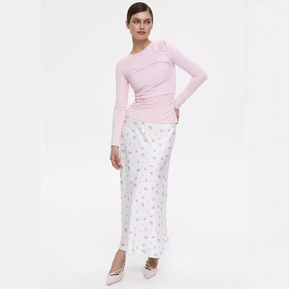 Cross-border Printed Midi Skirt European and American Style2025Spring and Summer New Elegant Floral Satin Printed Draped High-Waisted Skirt