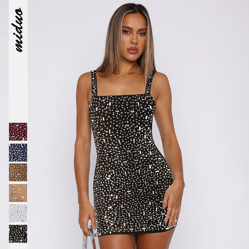 Sultyra Square Neck Rhinestone Backless Strap Sexy Bodycon Dress Short Dress