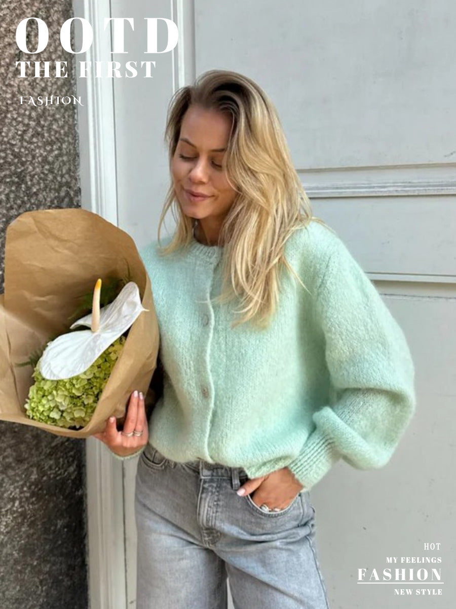 Candy Color Knitted Cardigan Women's European and American2025Autumn and Winter Mohair Solid Color Cardigan Macaron Color Sweater Cardigan for Women